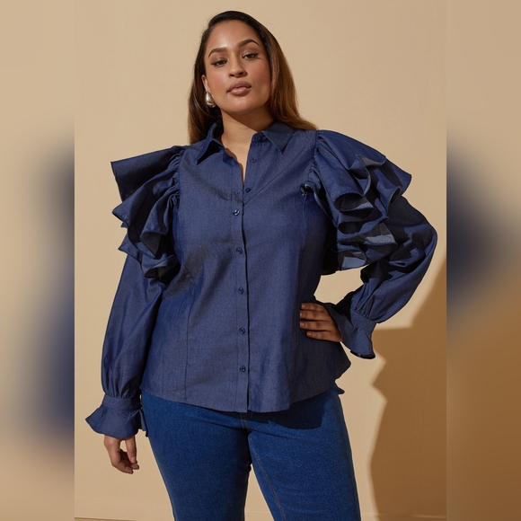 Ashley Stewart Tops - NWT SIZE 24 (3X) ASHLEY STEWART Ruffled Denim Shirt